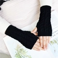 Warm black cable knit fingerless gloves for winter with soft wool texture and twist pattern - Black