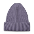 Close-up of lilac purple knit beanie with chunky vertical ribbed texture and folded cuff - Dark Gray