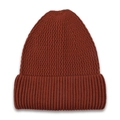 Detail of dark rust red knit beanie showing thick ribbed cuff and waffle texture pattern - Caramel
