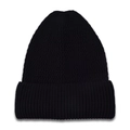 Close-up of black knitted beanie with wide ribbed cuff and minimalist textured pattern - Black