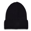 Close-up of the black ribbed knit texture and wide folded cuff on a warm beanie - Black