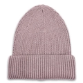Detail of ribbed knit pattern and wide folded brim on a warm dusty rose beanie hat - Khaki