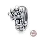 Polished S925 sterling silver paw print charm with clear cubic zirconia for DIY bracelets - Heart Cat Paw Charm (SCC1312)
