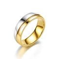 Polished two-tone gold and silver stainless steel couple ring with center groove design - US 6 / No Zirconia (Two-Tone)