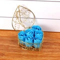 Detail of 6 blue soap roses in a heart-shaped gold metal wire basket for gift decor - Blue