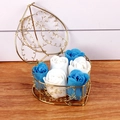 Detail of 6 blue and white soap roses in a heart-shaped golden wire basket - Blue + White
