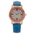 Elegant ladies quartz watch with blue leather strap and rose gold Roman numeral dial - Blue