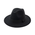 Classic black wool fedora hat with wide brim and ribbon trim for men and women - Adjustable / Black