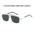 Modern double bridge sunglasses with silver metal frame and dark grey lenses - Silver Frame Black Grey Lens