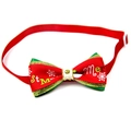 Detail of red and green Christmas pet bow tie with snowflake print and adjustable strap - VN094-7 Red Snowflake English