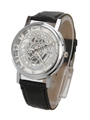 Macro view of skeleton watch dial showing intricate gears and polished silver case - Silver Face Black Strap