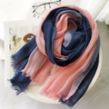 Pink and navy blue gradient linen scarf with natural texture and fringe trim - Pink + Navy Blue
