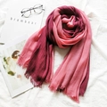 Pink gradient cotton linen scarf with frayed edges and soft pleated texture - Peach Pink + Wine Red