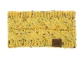 Close-up of yellow chunky knit headband with colorful flecks and brown leather MOK label - Yellow Confetti