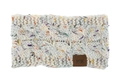 Detail of cable knit headband in beige tweed with brown leather brand tag - Beige Marl