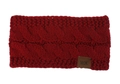 Macro detail of red cable knit headband showing thick texture and brown leather label - Burgundy
