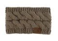 Detailed cable knit pattern on taupe winter headband with a brown leather MOK logo tag - Khaki