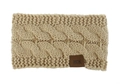 Detail of cable knit khaki headband featuring a premium brown leather brand label - Camel