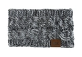 Close-up of cable knit ear warmer headband in marl grey with a leather logo detail - Grey + White