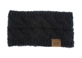 Detail view of thick black cable knit headband with a brown leather MOK label on a white background - Black