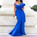 Königsblaues schulterfreies Abendkleid aus Spitze mit Perlen und Rüschendetails - S / Blau