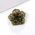 Elegant gold flower brooch featuring a deep green center stone and light green crystals - Gold Hollow Flower - Green Gem (XD5469-1)