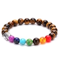 Tiger eye chakra bracelet featuring colored energy beads and silver Buddha head charm - Silver - Tiger Eye Style
