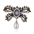 Vintage bronze brooch with white pearls, dark crystals, and a water drop pearl pendant - Bow/Teardrop Pearl (C039-A) / Bronze