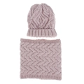 Detail of dusty pink cable knit beanie and infinity scarf set on white background - Pink