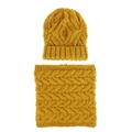 Detailed cable knit texture of the yellow winter beanie hat and matching neck warmer scarf - Ginger Yellow
