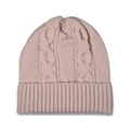 Close-up of cable knit texture and ribbed cuff on a soft light pink winter beanie - Adult / Beige