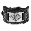 Vintage black leather bracelet featuring silver dragon totem and woven medieval design - Genuine Leather Antique Silver