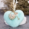 Mint green plush heart keychain with cat eye stone pendant and gold metal key accessory - Light Green