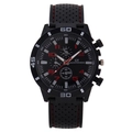 Racing style black sports watch with red stitching and three-dial chronograph design - Red