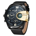 Oulm multi-timezone quartz watch with large dial and integrated compass for men - Black with Gold Accent