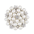 Elegant silver flower brooch featuring white pearls and sparkling rhinestones on white background - Silver Round Flower Cluster Pearl