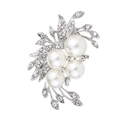 Elegant silver flower brooch featuring white pearls and sparkling crystal rhinestones - Silver Streamlined Pearl Leaf