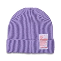 Detail view of the purple ribbed knit texture and white fabric label on children beanie - Purple