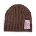 Deep brown ribbed knit beanie for children featuring a retro American style textile label - Coffee