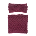 Detailed cable knit texture of a dark wine red knit headband and neck warmer set - Burgundy