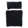 Detail of black cable-knit winter headband and matching fleece-lined neck warmer set - Black
