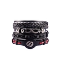 Detalle de cuatro pulseras de cuero negro con símbolos metálicos de infinito y dólar - Infinito y Signo de Dólar (3)