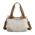Minimalist beige canvas tote bag with brown straps and detachable shoulder strap - White