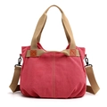 Retro red canvas tote bag with beige straps and metal hooks shown on white background - Watermelon red