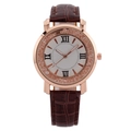 Women's quartz watch with rose gold case, Roman numerals and brown leather strap - Brown