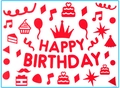 Red Happy Birthday sticker set for balloons with cake, gift, and crown designs - Birthday 03 / Red