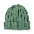 Detailed view of the ribbed knit texture and folded cuff on a grass green beanie hat - Green
