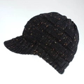 Detailed close-up of thick black knit baseball cap with colorful speckled yarn and brim - Black Marl