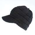 Detail of black chunky knit baseball cap showing the textured 3D plaid pattern and brim - Black