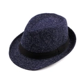 Men's dark blue plaid wool fedora hat with black satin band and speckled texture - 56-58cm / Shiny Dark Blue